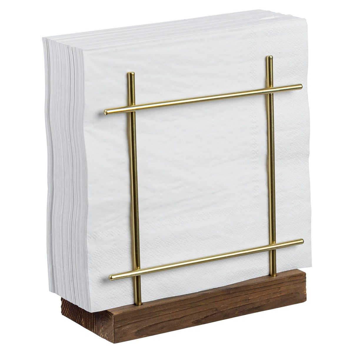 MyGift brass napkin holder with wood base on table, neatly organizing napkins.