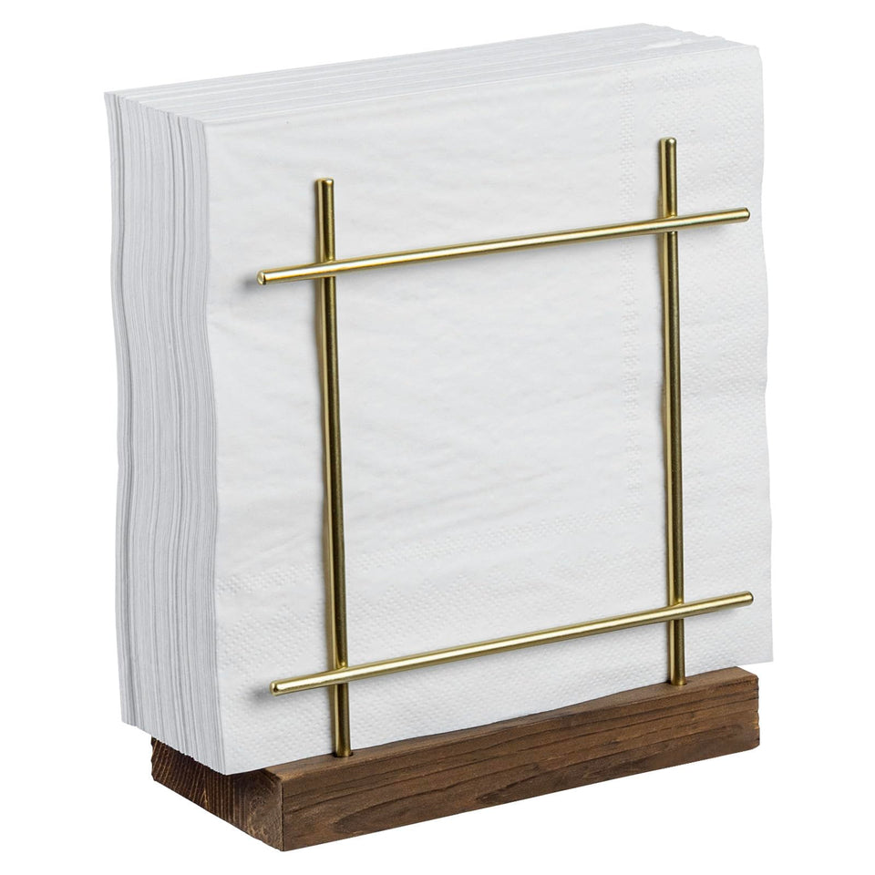 MyGift brass napkin holder with wood base on table, neatly organizing napkins.