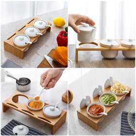 MyGift hand wash only ceramic bowls pair with wipe-clean bamboo carrier.