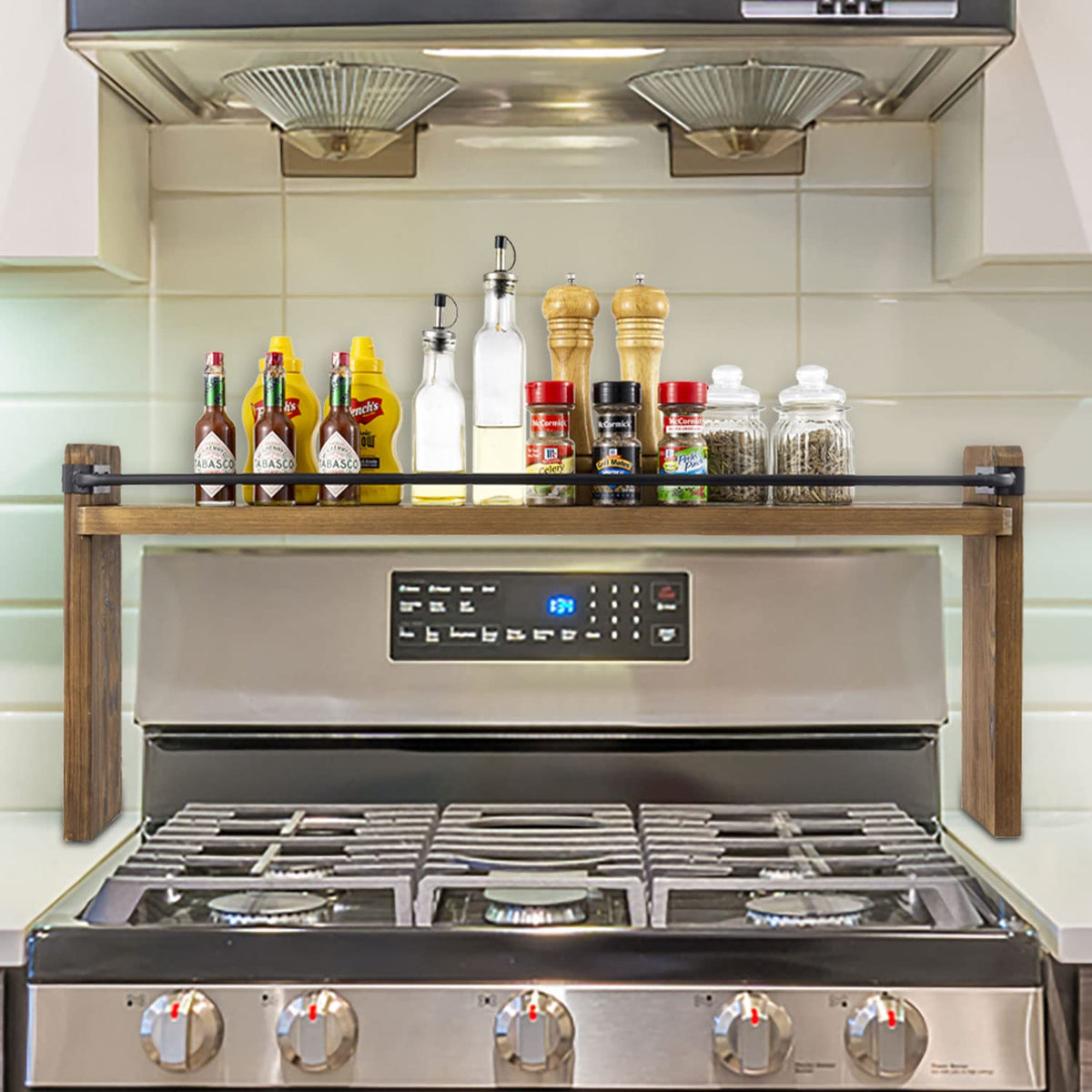 Close-up of MyGift deluxe rustic burnt wood finish with industrial rail.