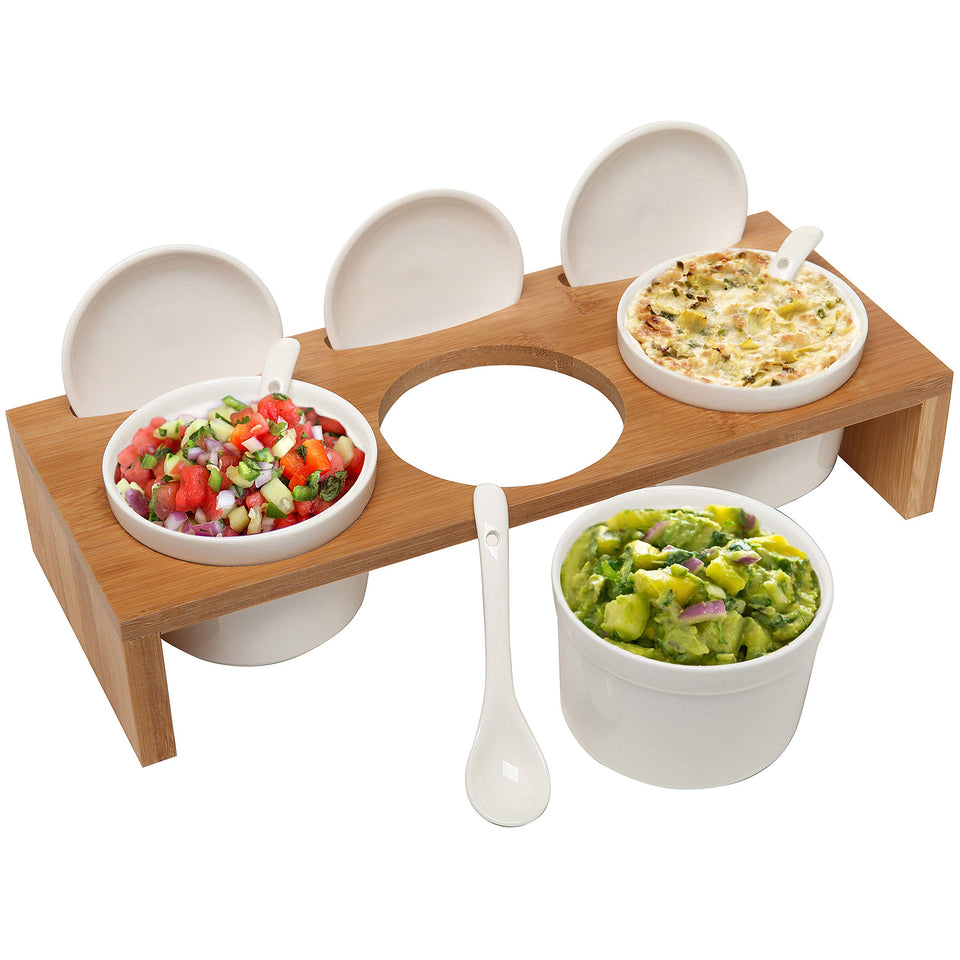 MyGift sauce serving dish tray on bamboo stand for stylish party presentation.