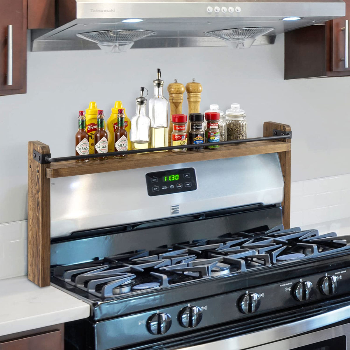 MyGift spice rack displayed with seasonings and bottles for easy viewing.