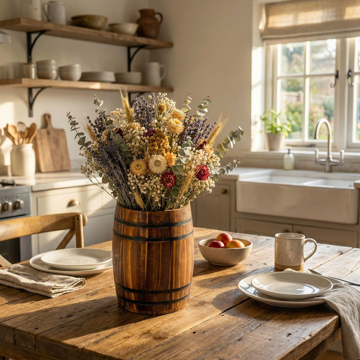 MyGift wine barrel utensil crock close-up highlights rustic texture and craftsmanship.