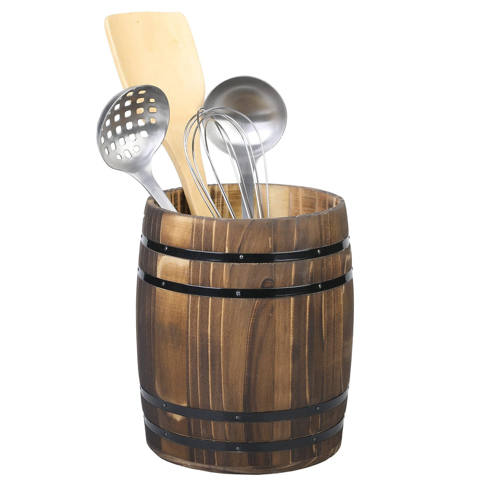MyGift wine barrel utensil crock front view keeps essential tools within easy reach.
