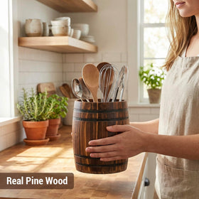 MyGift wine barrel utensil crock with spatulas stored demonstrates tidy counter organization.