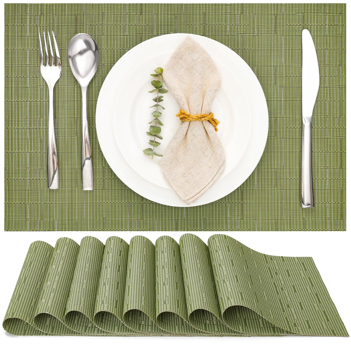 Myir JUN green placemats closeup highlighting durable PVC weave and smooth edge.