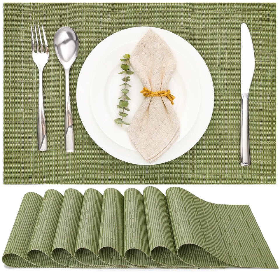 Myir JUN green placemats closeup highlighting durable PVC weave and smooth edge.