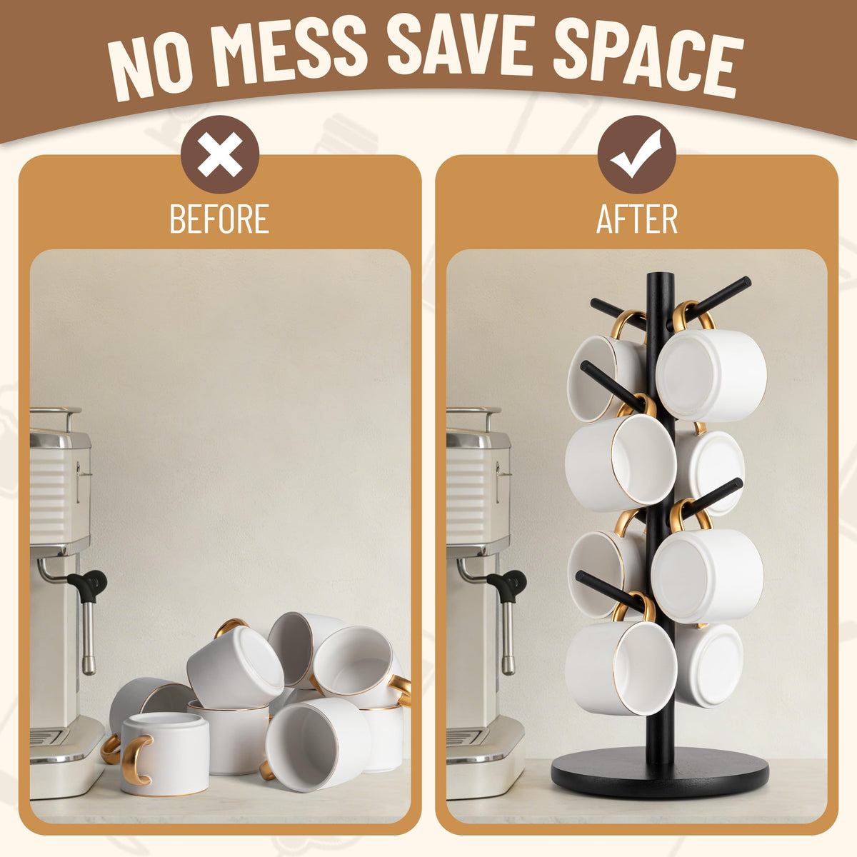 Compact mug holder enhances kitchen or office space with elegance
