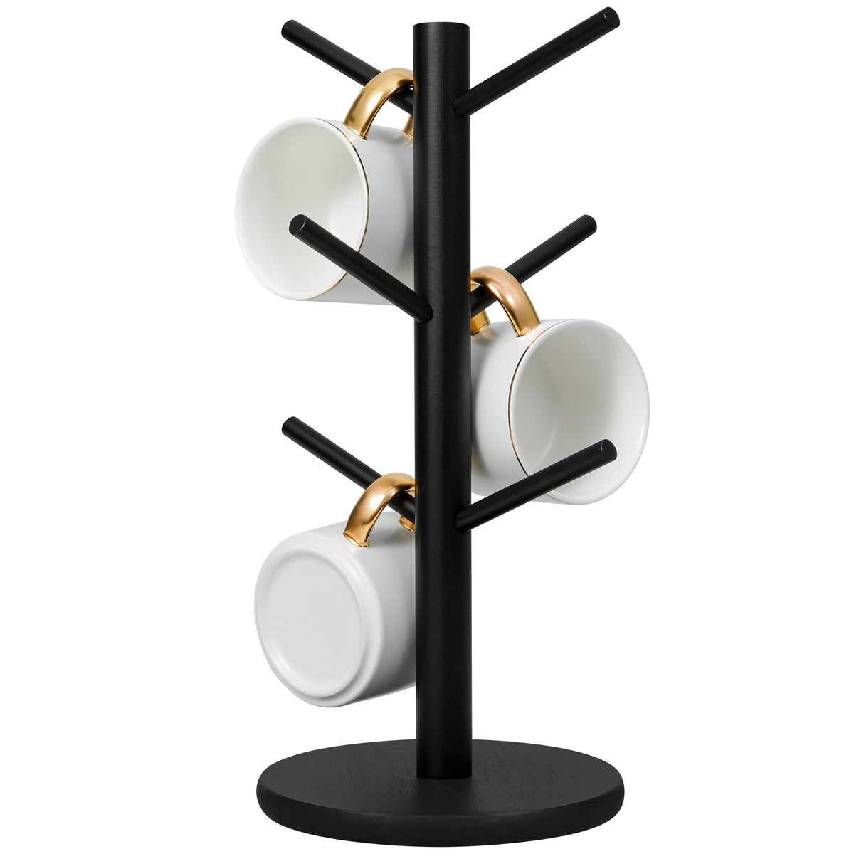 MyLifeUNIT wooden mug holder tree in black keeps cups organized on the countertop.