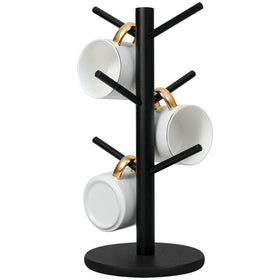 MyLifeUNIT wooden mug holder tree in black keeps cups organized on the countertop.