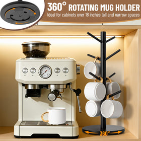 Eight-hook wooden rack keeps mugs within reach on coffee bar or kitchen counter