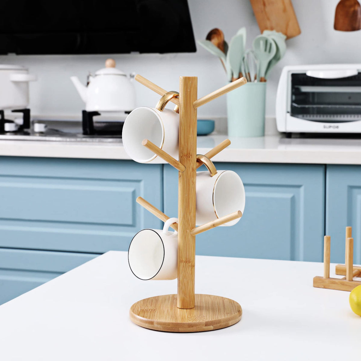 MyLifeUNIT mug holder tree yellow side view saves counter space and adds style.