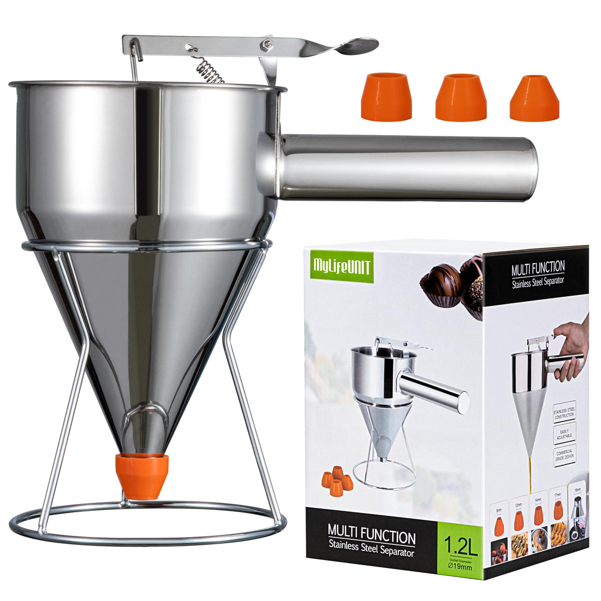 MyLifeUNIT pancake batter dispenser with stand for neat pours and easy setup