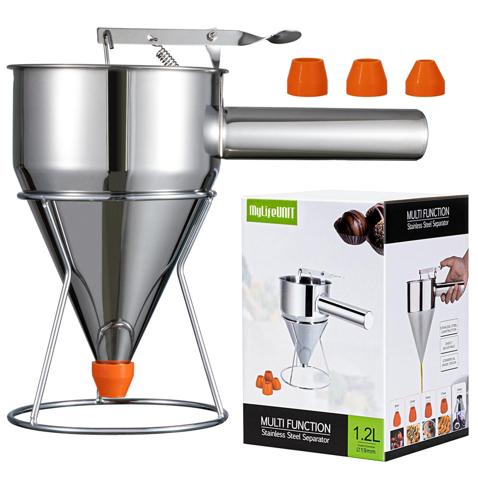 MyLifeUNIT pancake batter dispenser with stand for neat pours and easy setup