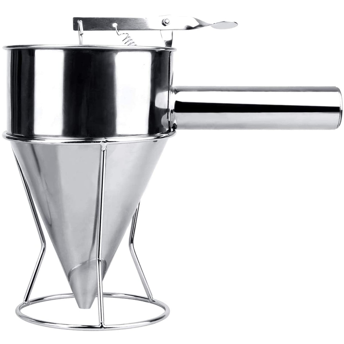 MyLifeUNIT stainless steel pancake batter dispenser with stand for precise pouring during pancakes and crepes.