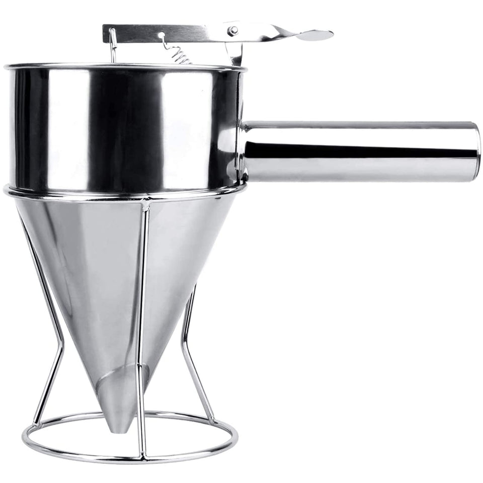 MyLifeUNIT stainless steel pancake batter dispenser with stand for precise pouring during pancakes and crepes.
