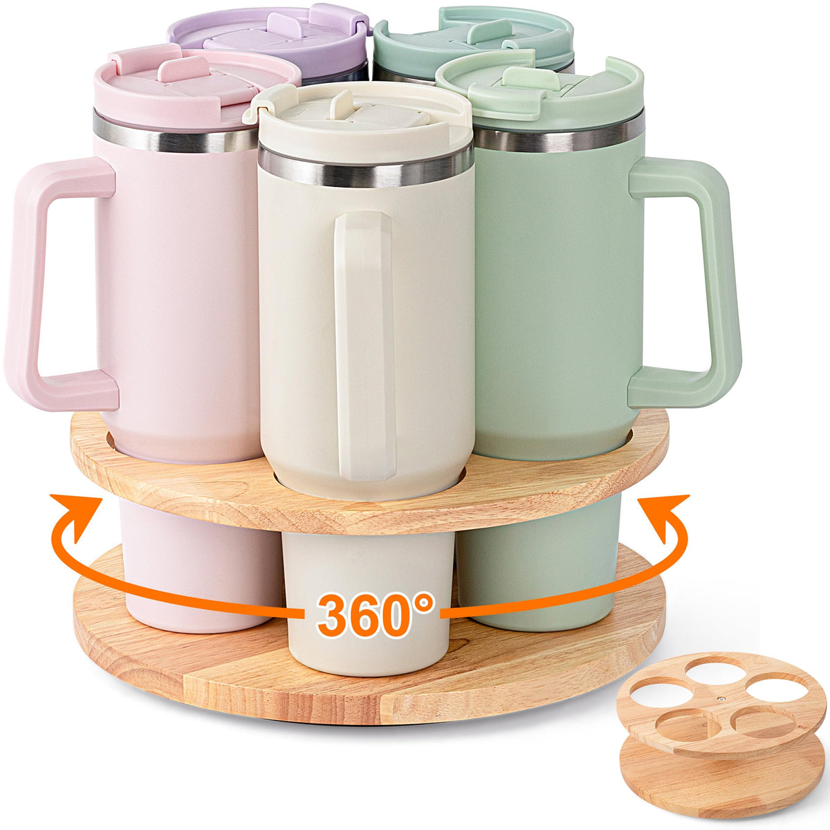 MyLifeUNIT Stanley cup organizer with a wooden rotating base keeps cups accessible.