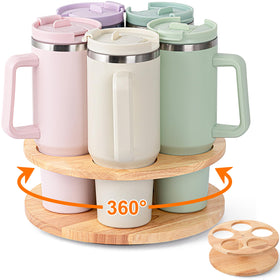 MyLifeUNIT Stanley cup organizer with a wooden rotating base keeps cups accessible.