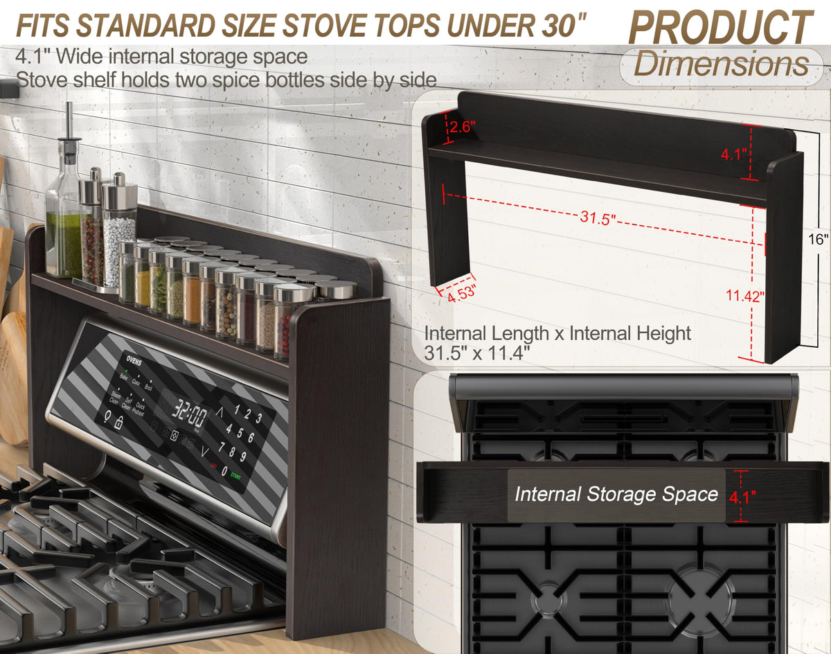 MyLifeUNIT stove top shelf over-spice area with 4.1-inch storage space.
