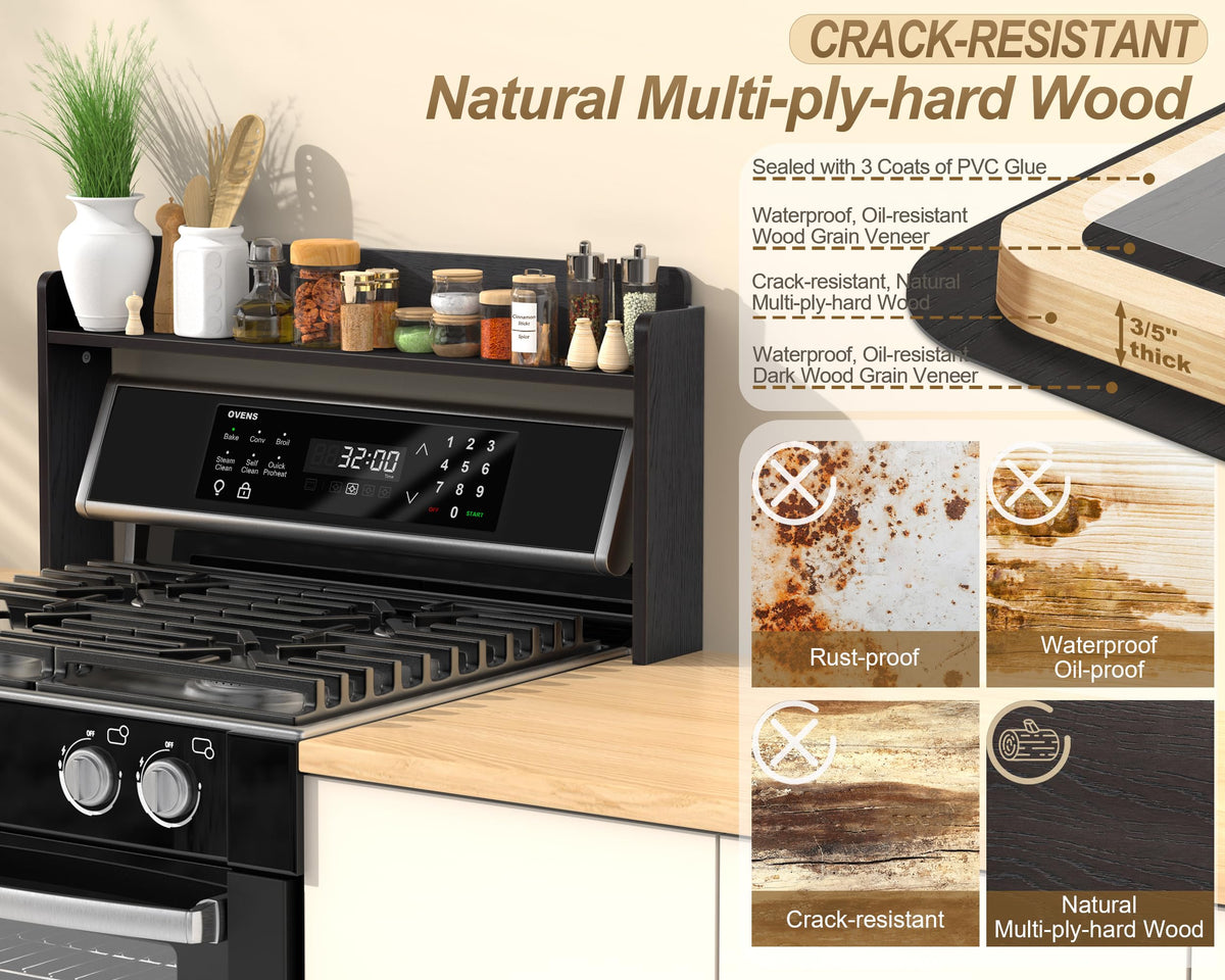 MyLifeUNIT stove top shelf solid wood with black veneer for versatile decor.