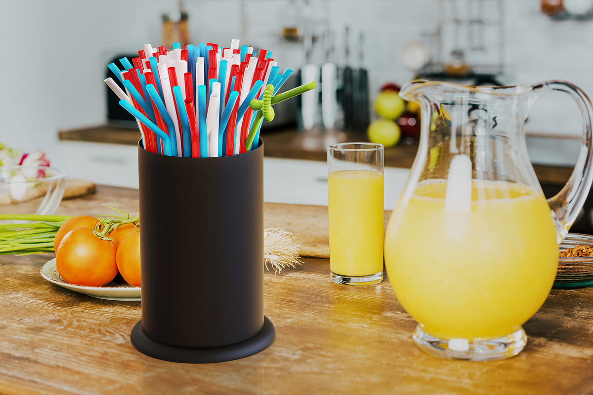 MyLifeUNIT straw holder dispenser doubles as a multipurpose caddy for spoons and coffee stirrers