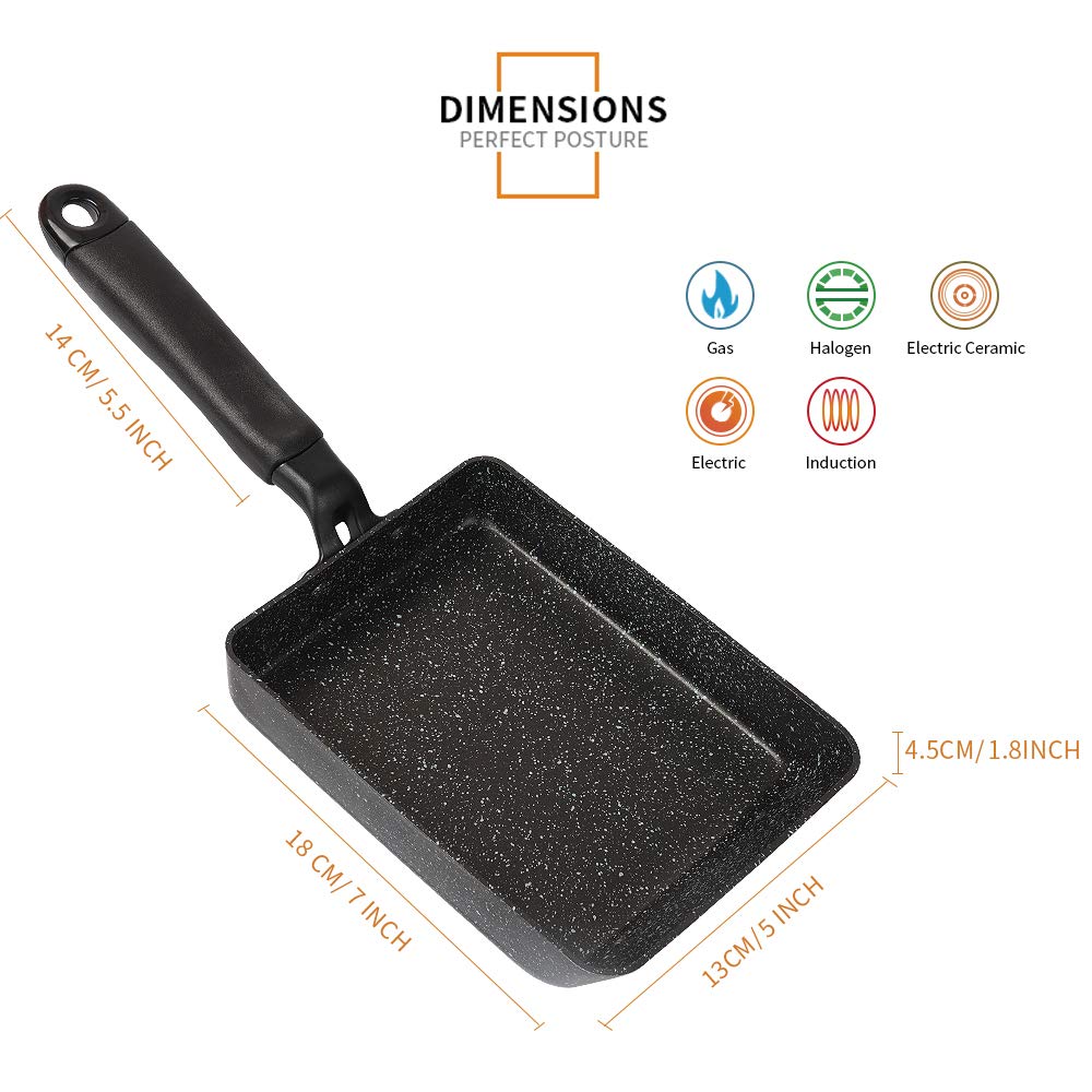 MyLifeUNIT Tamagoyaki Pan on stove demonstrates even heat for layered omelets.
