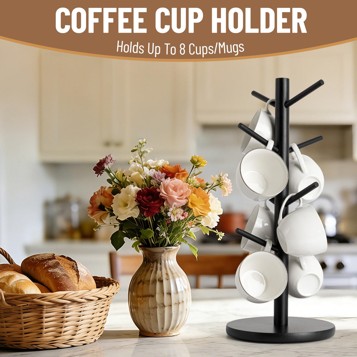 Sturdy wooden mug tree with non-slip base protects mugs from tipping