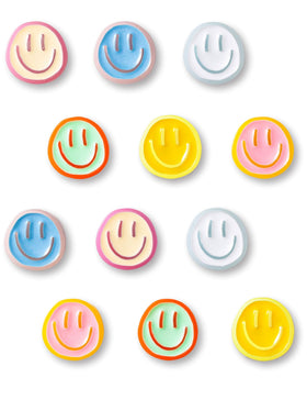 Mymazn 12-piece colorful smile-face magnets on fridge brighten spaces.