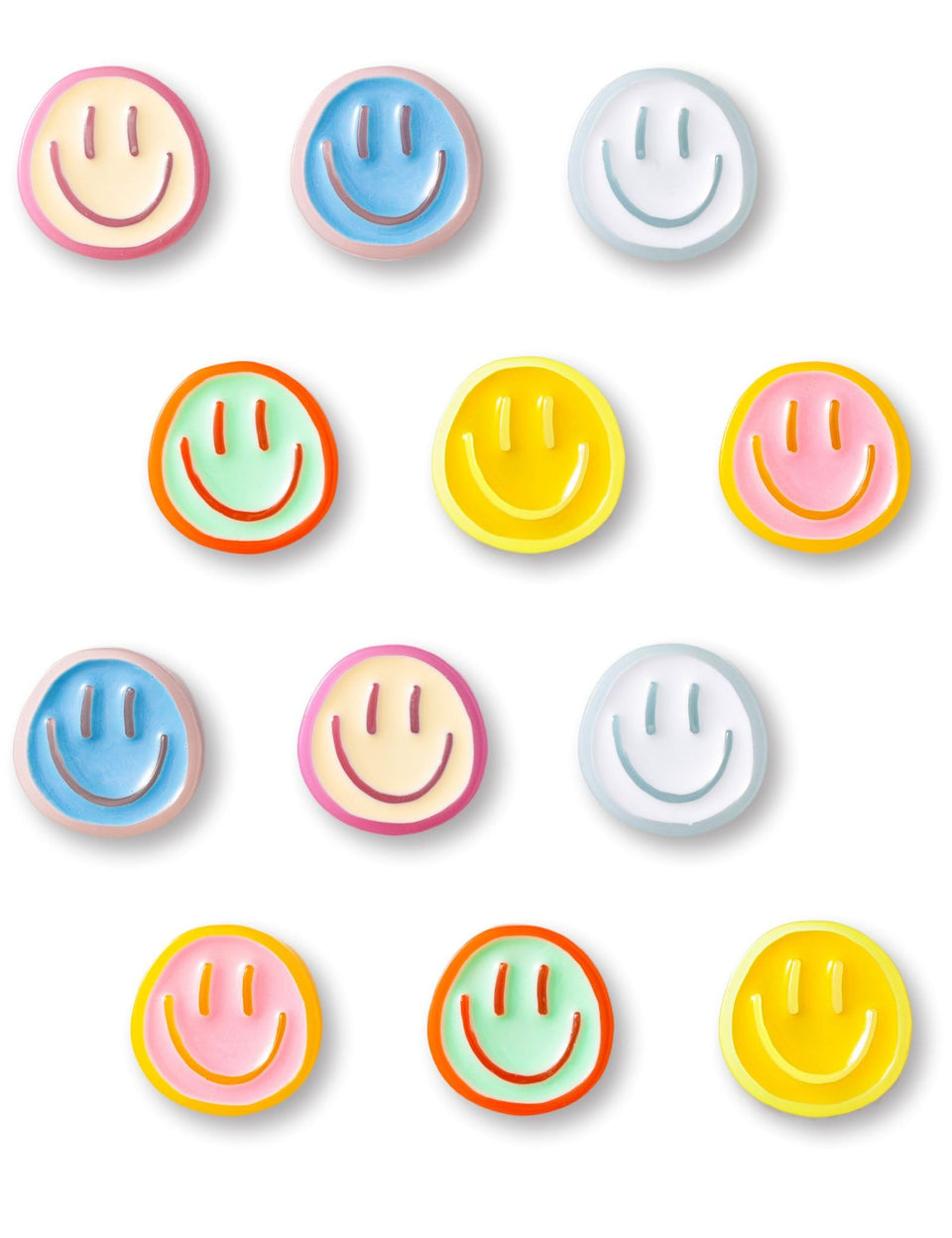 Mymazn 12-piece colorful smile-face magnets on fridge brighten spaces.