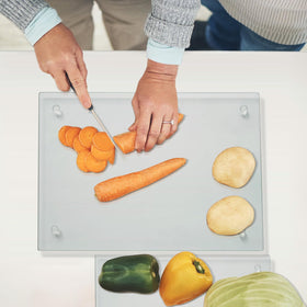 Mymonfif tempered glass cutting board 12x8 side view, space-saving stability.