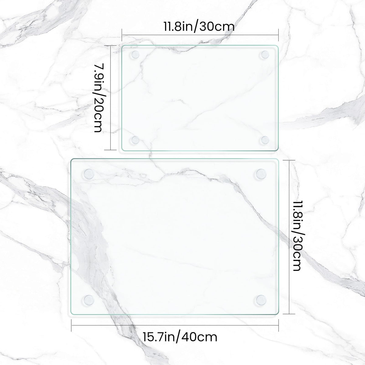 Mymonfif tempered glass cutting board 16x12 side view with anti-slip feet for stability.