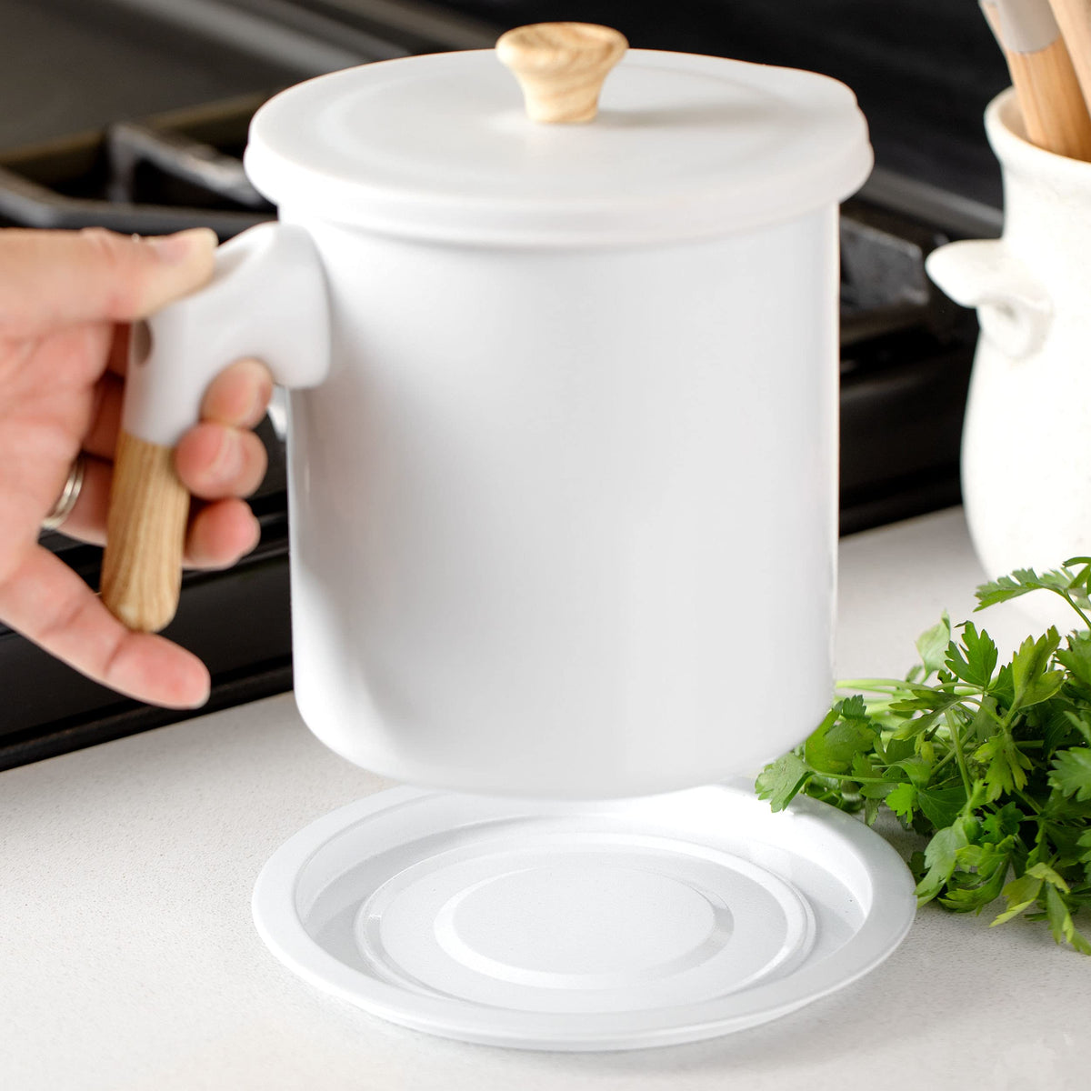 MYMOON HOME bacon grease container strainer pot for reuse-friendly storage.