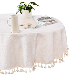 MYSKY HOME round tablecloth with beige tassels for durable waterproof protection