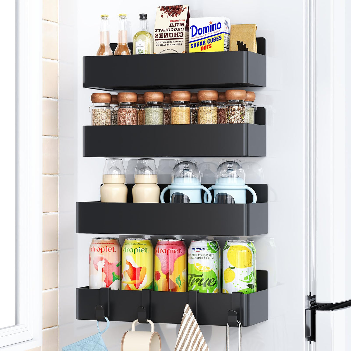 Mystozer magnetic spice rack on fridge in black keeps spices organized.