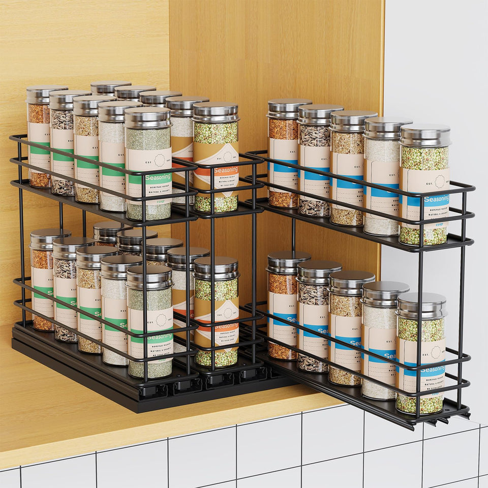 Mystozer pull-out spice rack assembly in cabinet, easy setup and organized storage