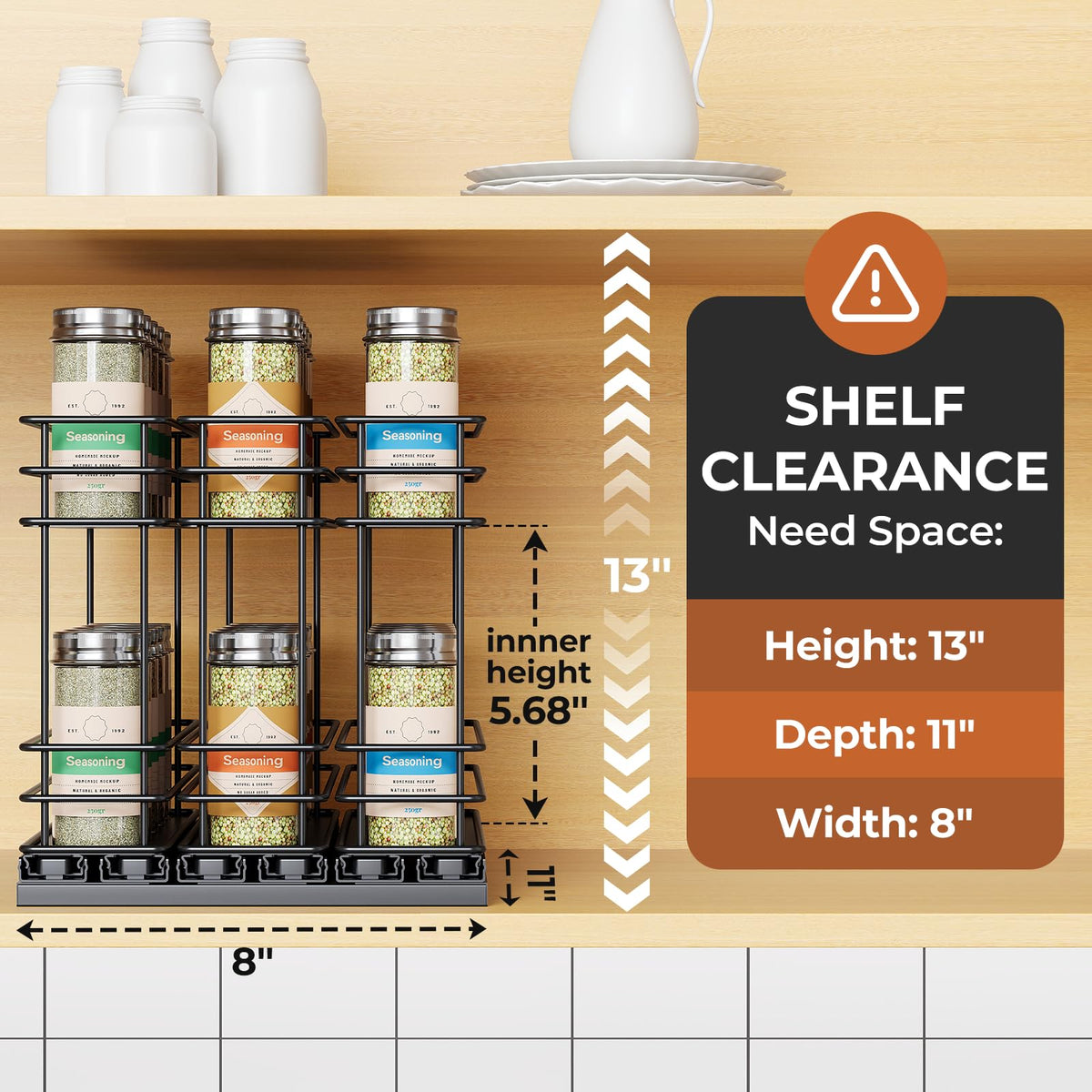 Mystozer pull-out spice rack drawer open showing quick access to spices
