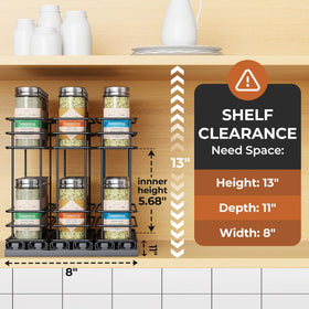 Mystozer pull-out spice rack drawer open showing quick access to spices
