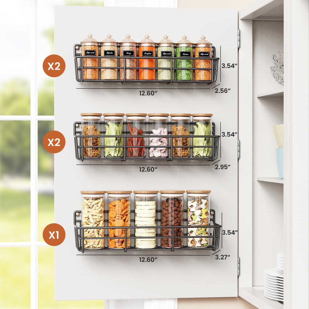 Mystozer spice rack close-up shows sturdy black finish and depth options.