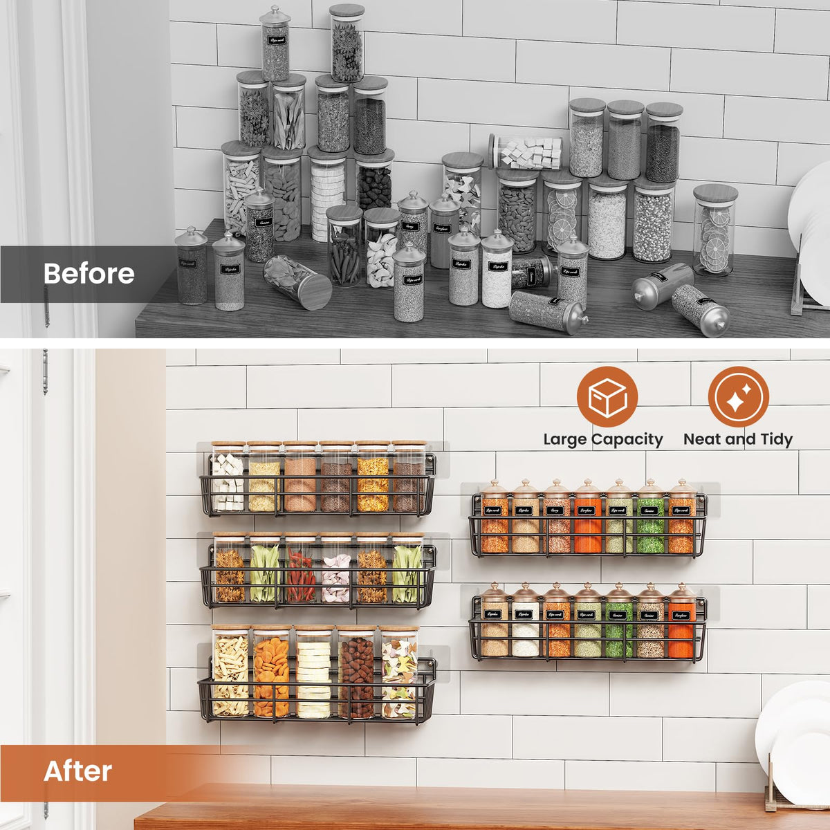 Mystozer wall-mount with jars neatly aligned for quick access.
