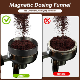 Mytdkxin 58mm dosing funnel prevents spills during grinding and dosing.