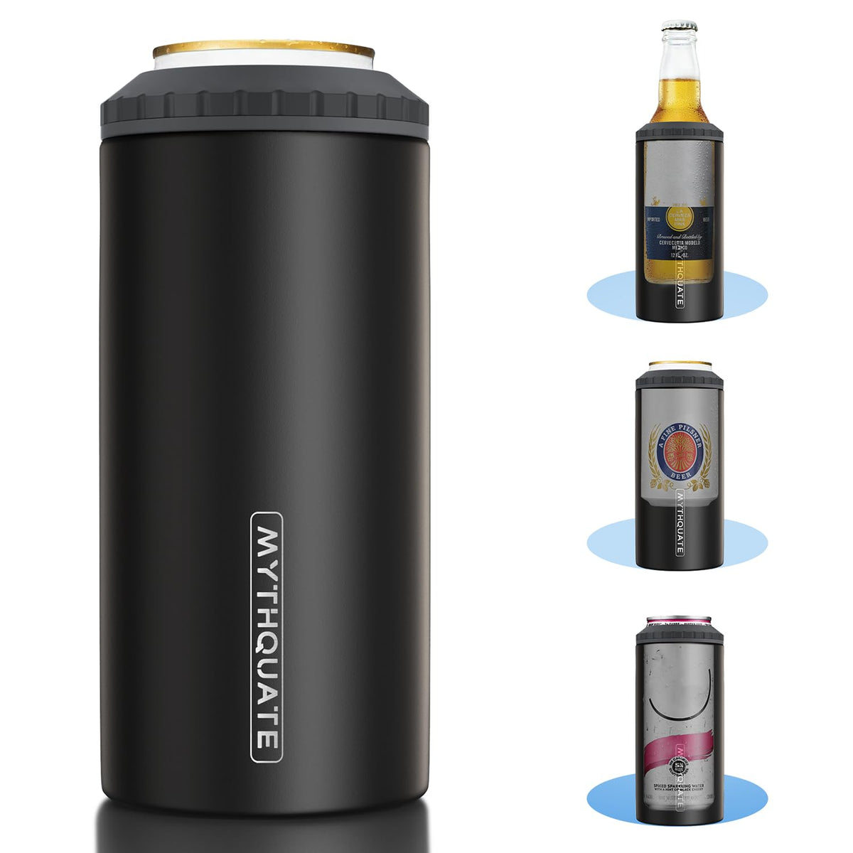 MYTHQUATE 3-in-1 Slim Can Cooler front view shows compatibility with 12 oz cans