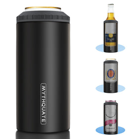 MYTHQUATE 3-in-1 Slim Can Cooler front view shows compatibility with 12 oz cans