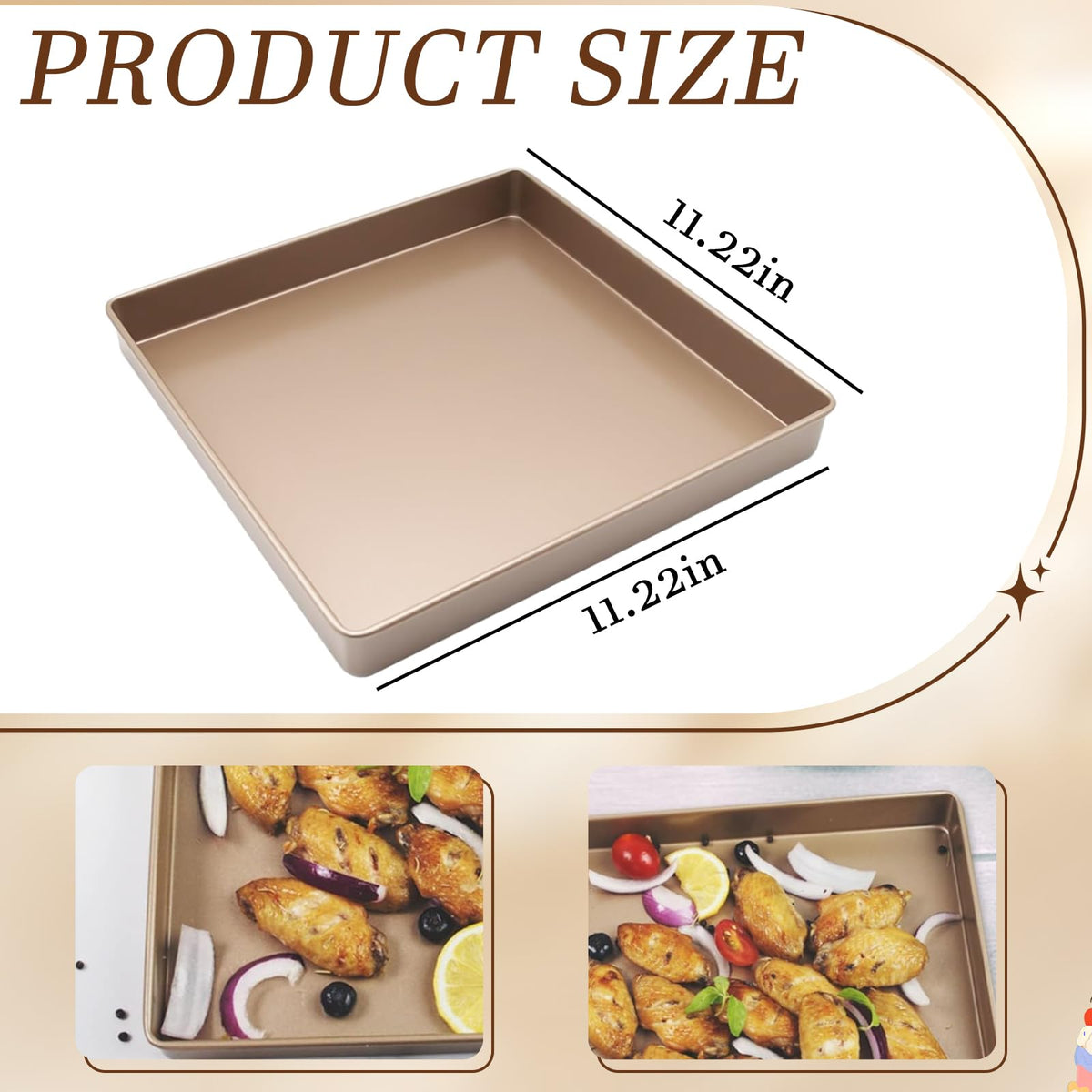 Myyaowl 11x11 square baking pan deep side view highlights 1-inch depth to prevent spills.