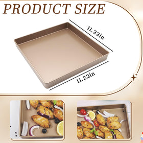 Myyaowl 11x11 square baking pan deep side view highlights 1-inch depth to prevent spills.