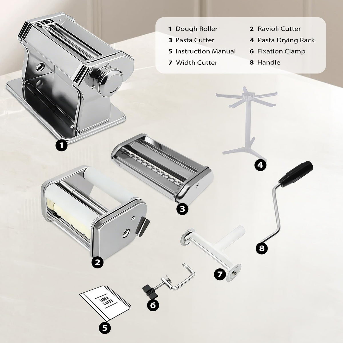 MZTOGR dual-blade cutter enabling 7 mm fettuccine and 2 mm spaghetti.