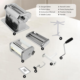 MZTOGR dual-blade cutter enabling 7 mm fettuccine and 2 mm spaghetti.