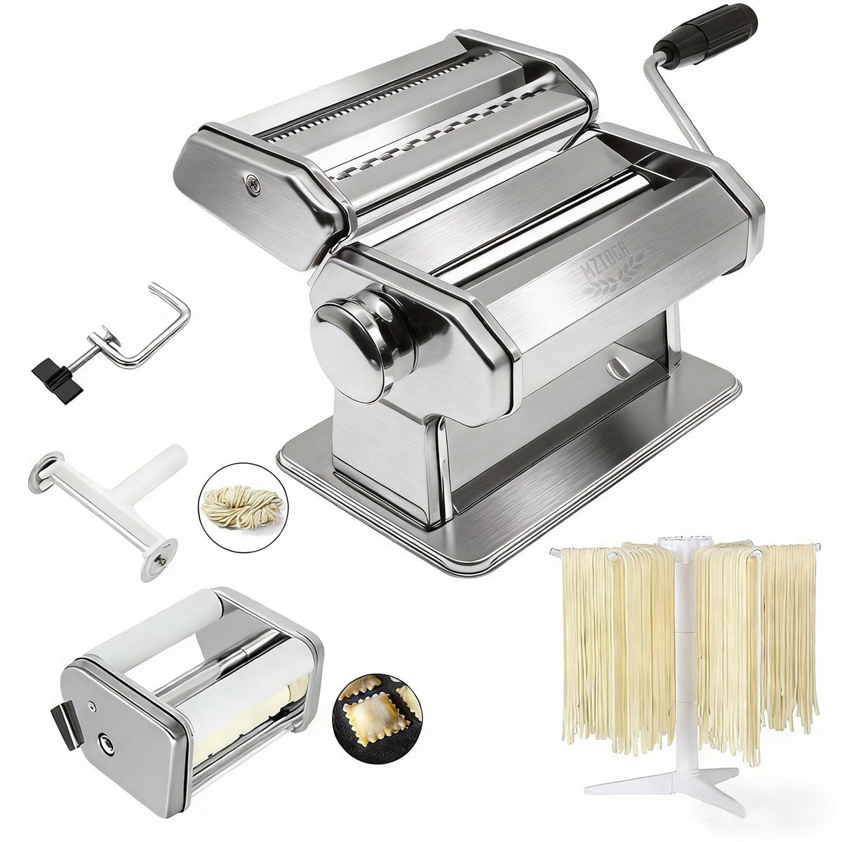 MZTOGR pasta maker roller close-up showing durable stainless steel body and rollers.
