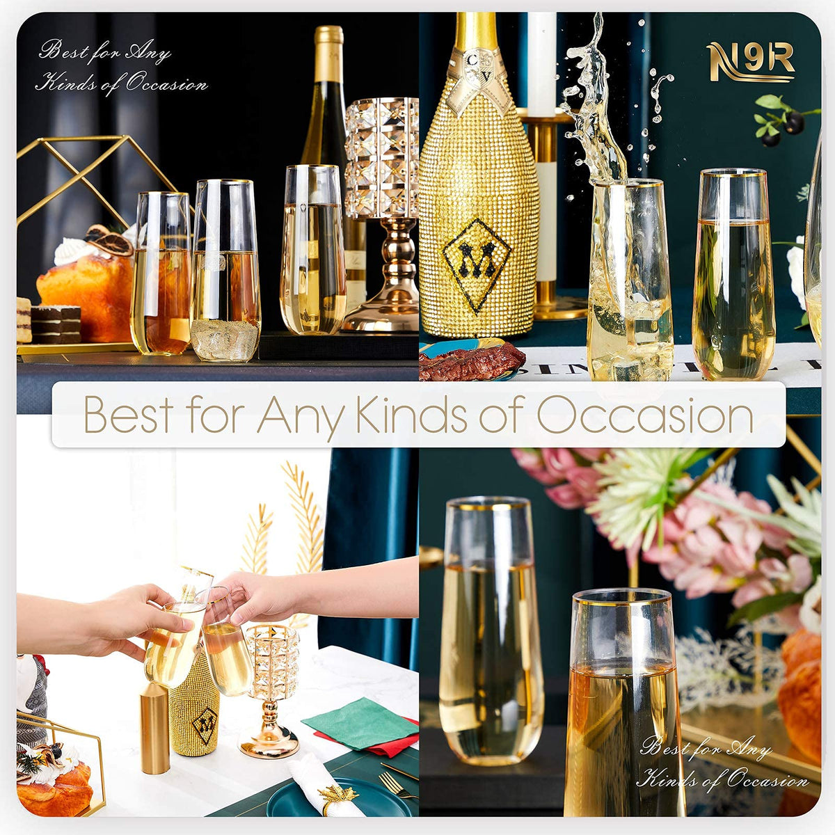 N9R bride and groom toast with gold-rimmed flutes at a celebration.
