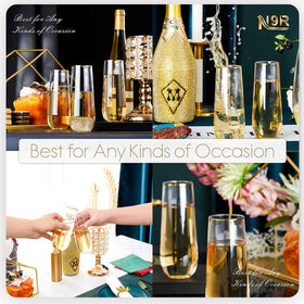 N9R bride and groom toast with gold-rimmed flutes at a celebration.
