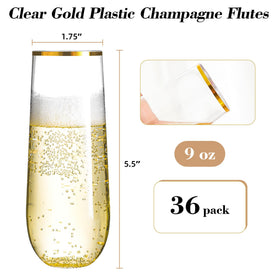 N9R champagne flutes close-up shows the gold rim and durable clear plastic.